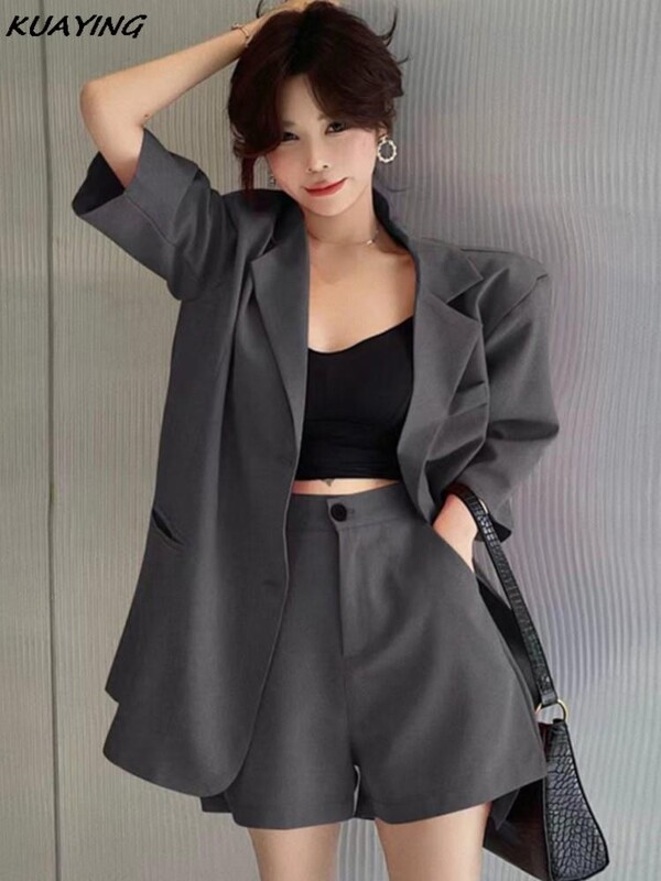Ženski vintage blazer kratke odijela Modni ležerni široki blazer jakne Jednobojne kratke pantalone Odjevni predmeti Ženski korejski set od 2 komada