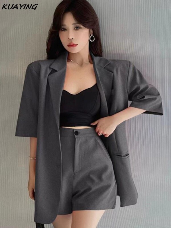 Ženski vintage blazer kratke odijela Modni ležerni široki blazer jakne Jednobojne kratke pantalone Odjevni predmeti Ženski korejski set od 2 komada
