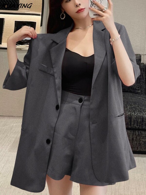 Ženski vintage blazer kratke odijela Modni ležerni široki blazer jakne Jednobojne kratke pantalone Odjevni predmeti Ženski korejski set od 2 komada
