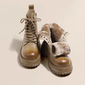 2024 г. Нови дамски удебелени памучни обувки с поларена подплата Кафяви ботуши Дебела подметка Martin Къси ботуши в британски стил Снежни