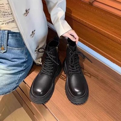 2024 г. Нови дамски удебелени памучни обувки с поларена подплата Кафяви ботуши Дебела подметка Martin Къси ботуши в британски стил Снежни