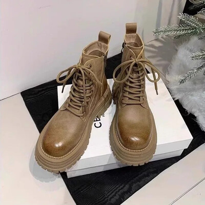 2024 г. Нови дамски удебелени памучни обувки с поларена подплата Кафяви ботуши Дебела подметка Martin Къси ботуши в британски стил Снежни