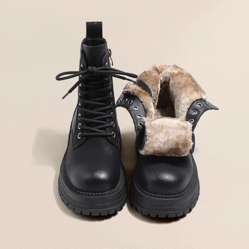 2024 г. Нови дамски удебелени памучни обувки с поларена подплата Кафяви ботуши Дебела подметка Martin Къси ботуши в британски стил Снежни