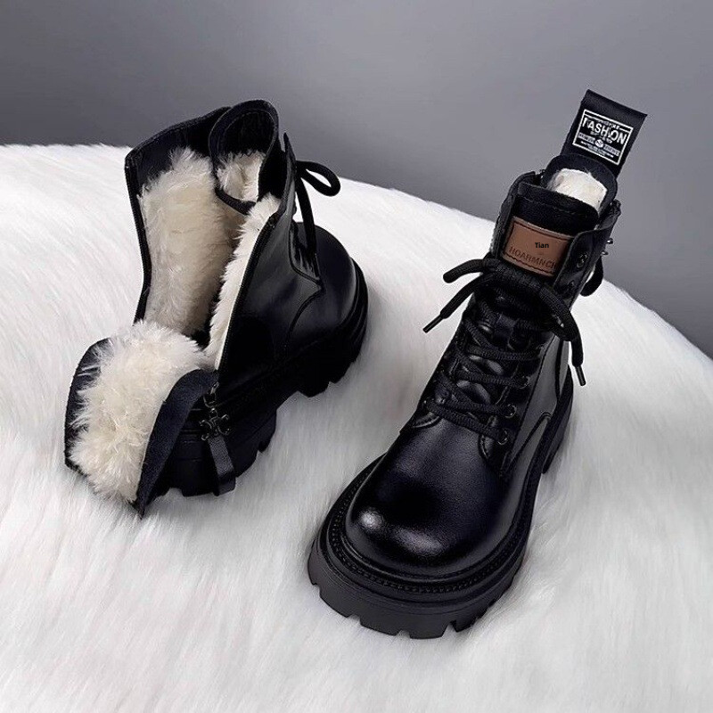 Ženske čizme za snijeg od meke kože s debelim dnom 2024. Novi stil Martin čizme s integriranim krznom Svestrane velike pamučne cipele Zimske