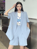 2022 Нов летен блейзър Костюми от две части Дамски модни широки комплекти яке с къс ръкав + къси панталони Жена