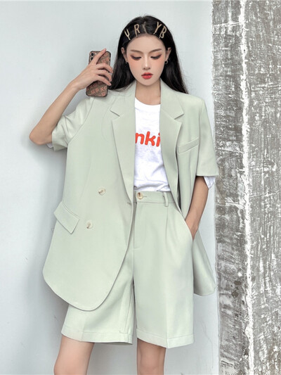 2022 Нов летен блейзър Костюми от две части Дамски модни широки комплекти яке с къс ръкав + къси панталони Жена