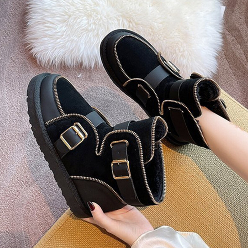 Χειμερινές μπότες χιονιού Γυναικείες μπότες από ψεύτικη γούνα σουέτ Ζεστές μπότες Νέες μπότες για κορίτσια αντιολισθητικές, επίπεδη ζώνη με αγκράφα Γυναικείες μπότες