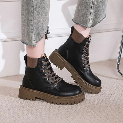 Дебело дъно с цип Martin Boots Дамски есен 2024 г. Нов стил Британска система Къси ботуши с връзки Тежка бяла къса тръба