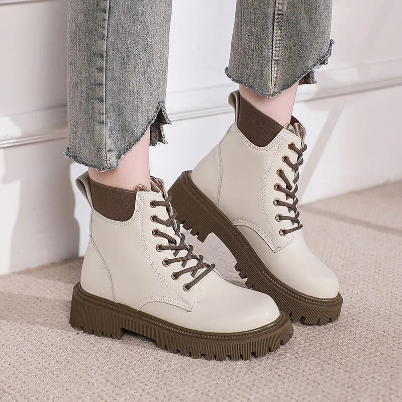 Дебело дъно с цип Martin Boots Дамски есен 2024 г. Нов стил Британска система Къси ботуши с връзки Тежка бяла къса тръба