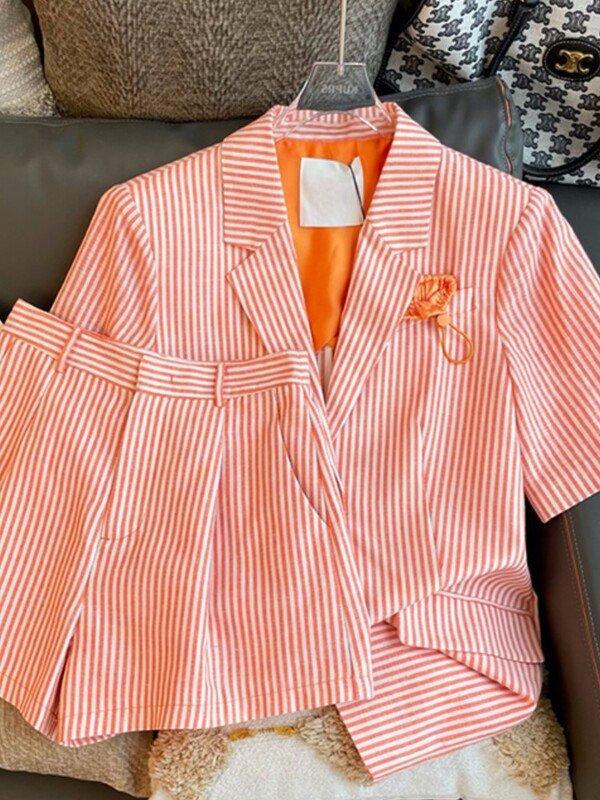 Ženski ležerni široki blejzer kratki odijelo proljeće ljeto nova moda vintage prugasti kaput kratkih rukava dvodijelni set ženske odjeće