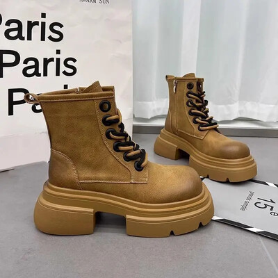 Martin čizme zadebljane visine Ženski novi stil za jesen 2024. Svestrani britanski stil Velike žute čizme Vintage biskvit kratke