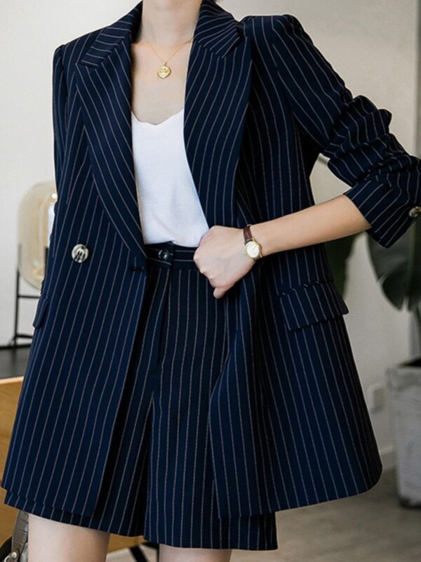 Ženski ležerni široki blazer kratki odijelo Nova moda proljeće ljeto tamnoplavi kaput s dugim rukavima na pruge Dvodijelni komplet ženske odjeće