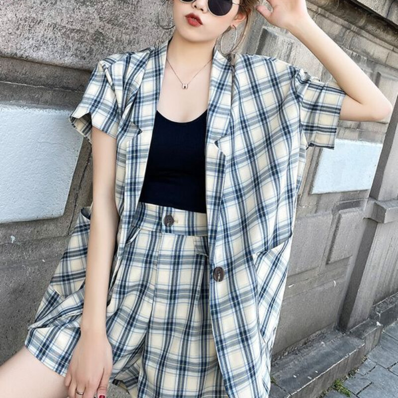 Ženska ljetna nova karirana jakna Modni književni kaput s lepezom i džepovima sa spojem kratkih rukava Svestrani komplet kratkih rukava za slobodno vrijeme