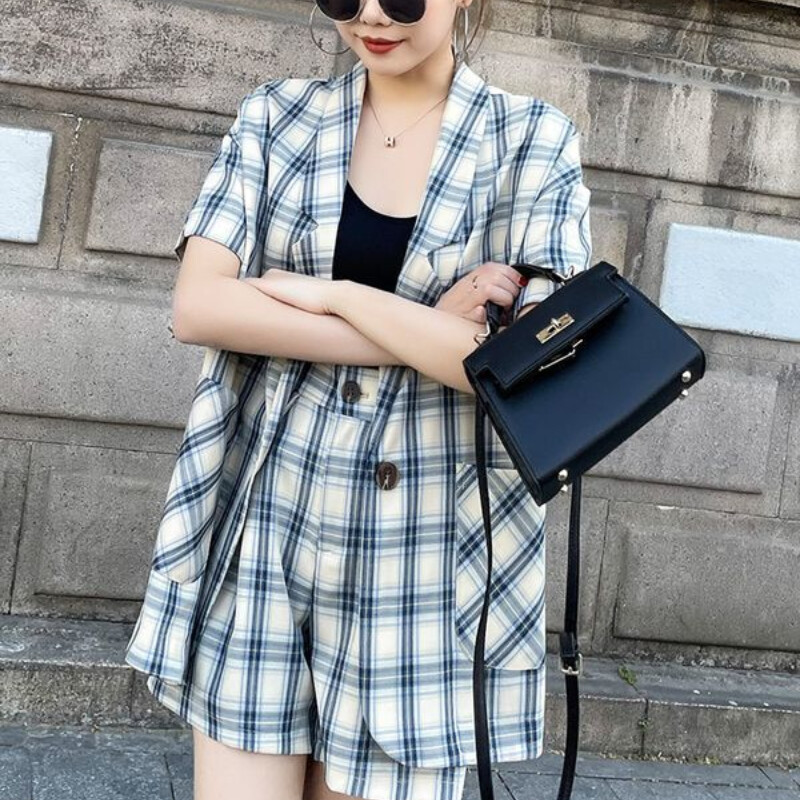 Ženska ljetna nova karirana jakna Modni književni kaput s lepezom i džepovima sa spojem kratkih rukava Svestrani komplet kratkih rukava za slobodno vrijeme