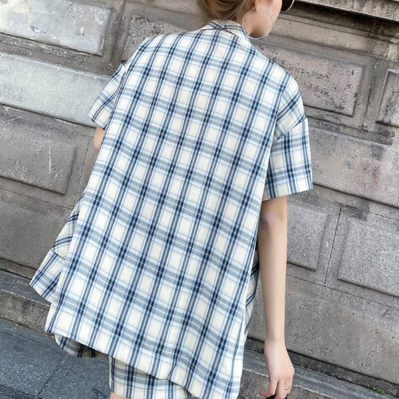 Ženska ljetna nova karirana jakna Modni književni kaput s lepezom i džepovima sa spojem kratkih rukava Svestrani komplet kratkih rukava za slobodno vrijeme