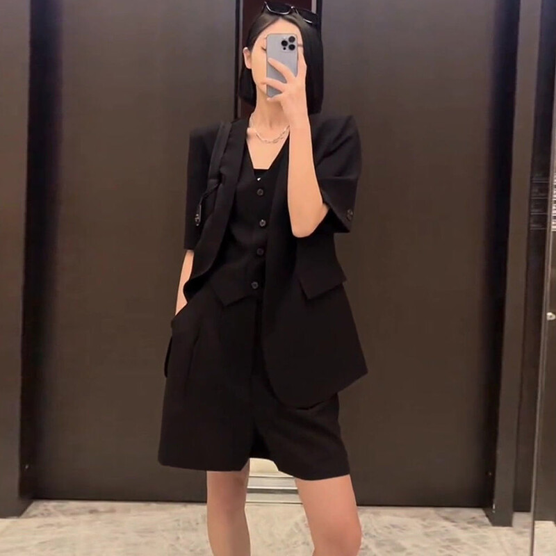 Ljetni 2-dijelni komplet sakoa Ženski sako kratkih rukava Ležerne korejske modne kratke majice Y2k crno odijelo Libertine seksi