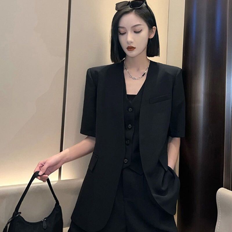 Ljetni 2-dijelni komplet sakoa Ženski sako kratkih rukava Ležerne korejske modne kratke majice Y2k crno odijelo Libertine seksi