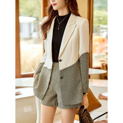 UCXQ Temperamentni karirani blejzer kratki set za žene Uredska dama Urezana odijela Jakna Dvodijelni kompleti 2024 Jesen Nova plima 23A4438
