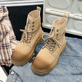 Γυναικεία Μόδα Πλατφόρμα Μονές Μπότες Φθινοπώρου Νέο Στρογγυλό Κεφάλι Μπροστινό Κορδόνι Σουέντ Μπότες με Χοντρό Τακούνι στη μέση