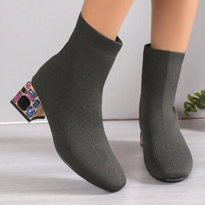 Naiste soodusmüük kõrged kontsad lühikesed saapad 2023. aasta talvel Disainer kandilise varbaga võrk, hingav veniv sokk, platvormkingad