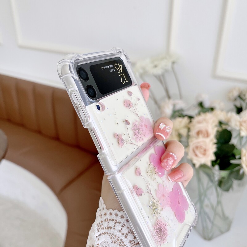 Prikladno za kućište za mobilni telefon Samsung Galaxy Z Flip3, sklopivi zaslon, razdvojene šljokice, pravo cvijeće, suho cvijeće, kapka za ljepilo, maska protiv pada