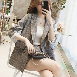 2023. Ženska korejska karirana blejzer jakna i kratke hlače velike veličine za proljeće ljeto 2023. Temperamentni dvodijelni ženski set l6