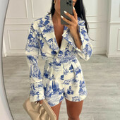 Seturi casual High Street din două piese ținută de petrecere subțire cu imprimeu temperament elegant pentru damă cu rever cu mânecă lungă, costum cu pantaloni scurți