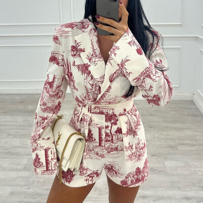 Seturi casual High Street din două piese ținută de petrecere subțire cu imprimeu temperament elegant pentru damă cu rever cu mânecă lungă, costum cu pantaloni scurți