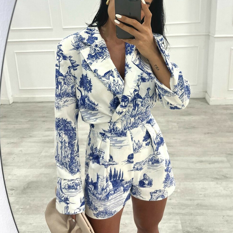 Seturi casual High Street din două piese ținută de petrecere subțire cu imprimeu temperament elegant pentru damă cu rever cu mânecă lungă, costum cu pantaloni scurți