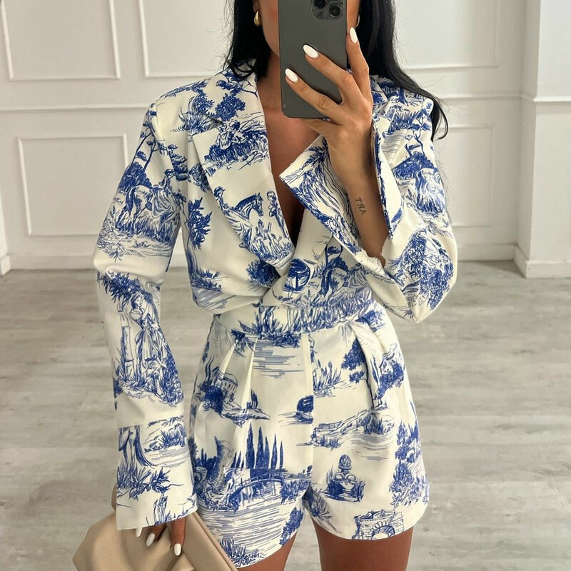 Seturi casual High Street din două piese ținută de petrecere subțire cu imprimeu temperament elegant pentru damă cu rever cu mânecă lungă, costum cu pantaloni scurți