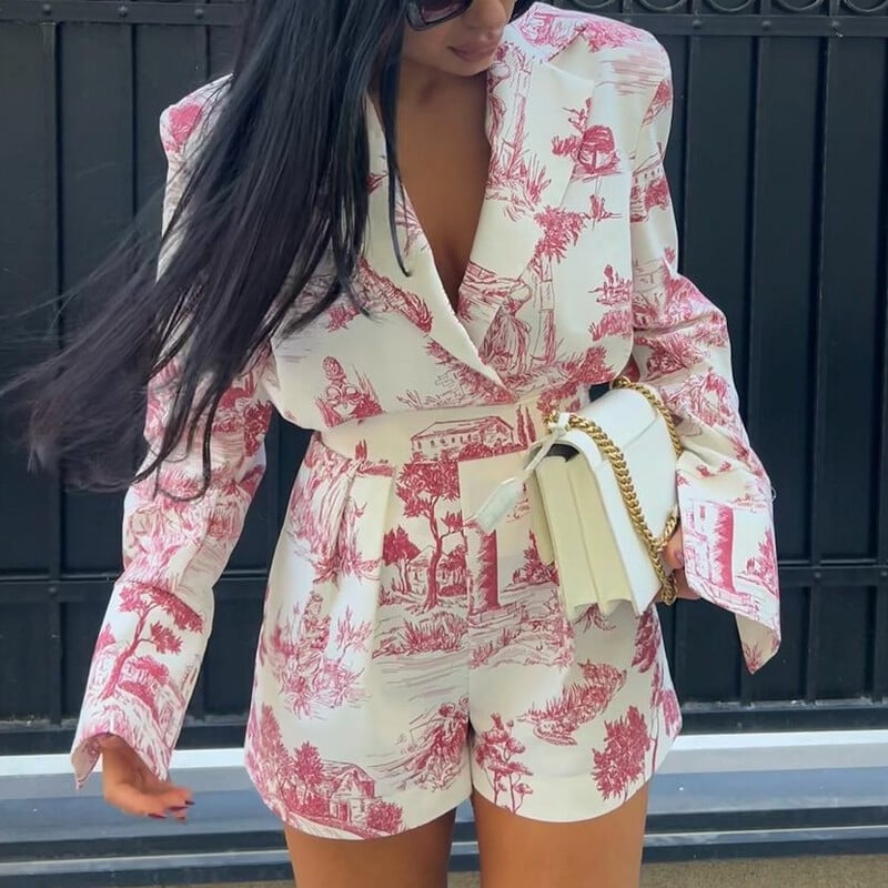 Seturi casual High Street din două piese ținută de petrecere subțire cu imprimeu temperament elegant pentru damă cu rever cu mânecă lungă, costum cu pantaloni scurți