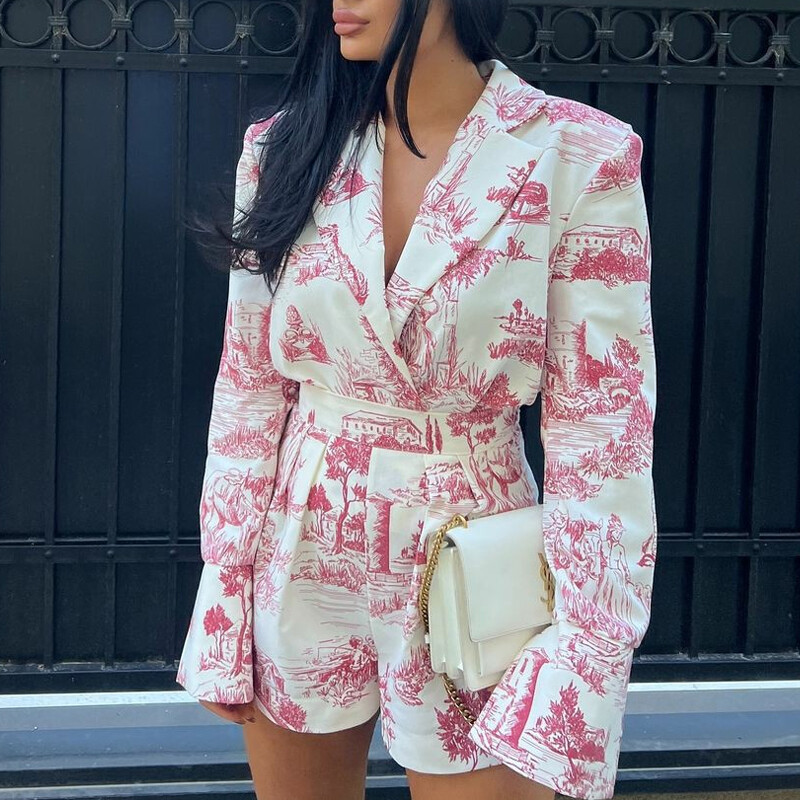 Seturi casual High Street din două piese ținută de petrecere subțire cu imprimeu temperament elegant pentru damă cu rever cu mânecă lungă, costum cu pantaloni scurți