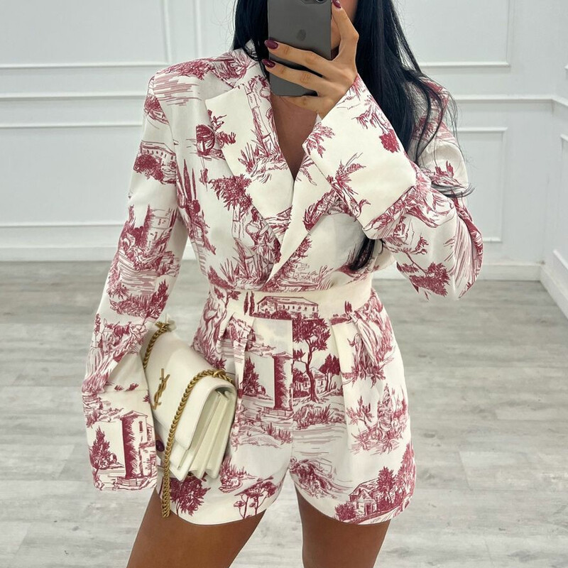 Seturi casual High Street din două piese ținută de petrecere subțire cu imprimeu temperament elegant pentru damă cu rever cu mânecă lungă, costum cu pantaloni scurți