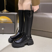 2023 Нови зимни класически едноцветни каубойски ботуши Дамски ретро кафяви катарама за колан Високи ботуши с кръгли пръсти Ботуши над коляното