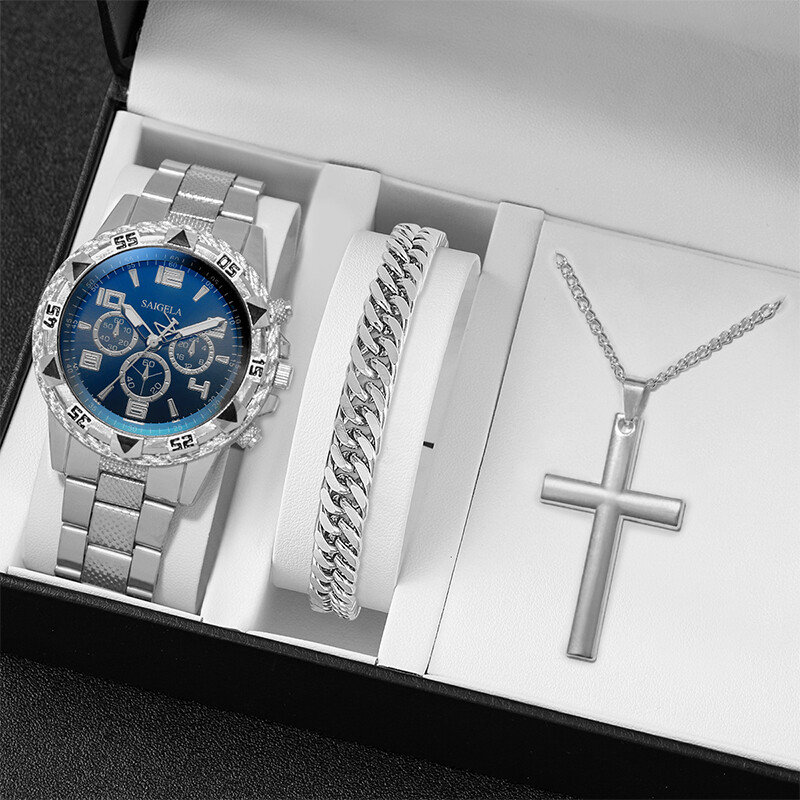 3PCS/Set Muški poslovni satovi Modni muški remen od nehrđajućeg čelika Kvarcni set nakita za sat（Bez kutije）