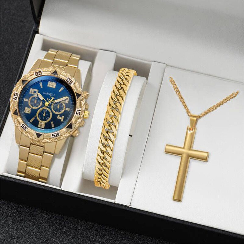 3PCS/Set Muški poslovni satovi Modni muški remen od nehrđajućeg čelika Kvarcni set nakita za sat（Bez kutije）