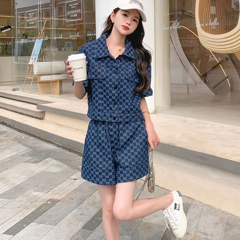 Ljeto, ležerno traper odijelo Ženski kratki set kratkih rukava, traper jakna s jednim kopčanjem, široke traper kratke hlače, 2 komada odgovarajućih kompleta