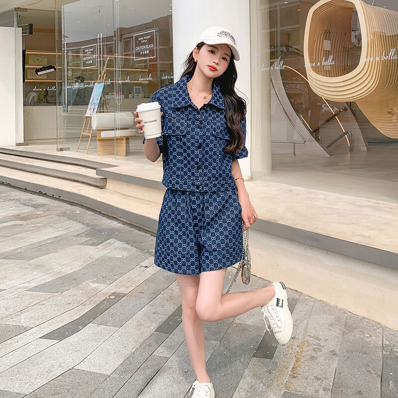 Ljeto, ležerno traper odijelo Ženski kratki set kratkih rukava, traper jakna s jednim kopčanjem, široke traper kratke hlače, 2 komada odgovarajućih kompleta