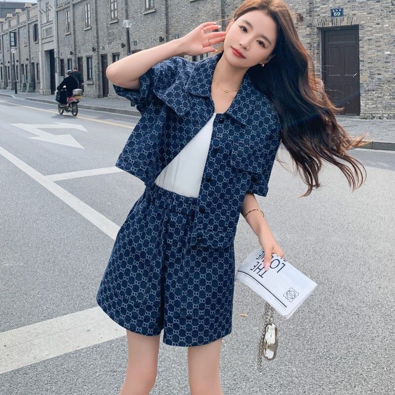 Ljeto, ležerno traper odijelo Ženski kratki set kratkih rukava, traper jakna s jednim kopčanjem, široke traper kratke hlače, 2 komada odgovarajućih kompleta