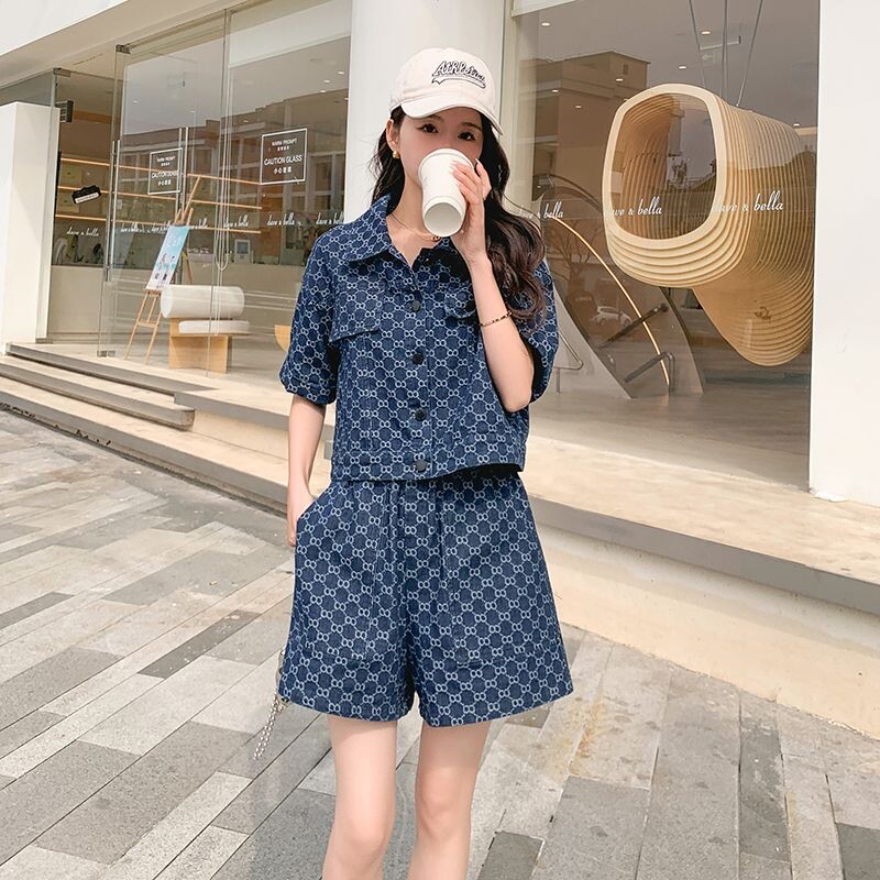 Ljeto, ležerno traper odijelo Ženski kratki set kratkih rukava, traper jakna s jednim kopčanjem, široke traper kratke hlače, 2 komada odgovarajućih kompleta