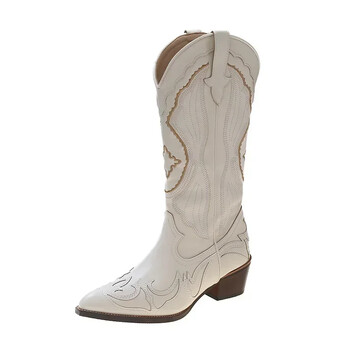 Γυναικείες μπότες με κέντημα Western Mid Calf Μπότες Cowboy Square Heels Μπότες με μυτερές πλατφόρμες Γυναικεία παπούτσια Western Plus Size42