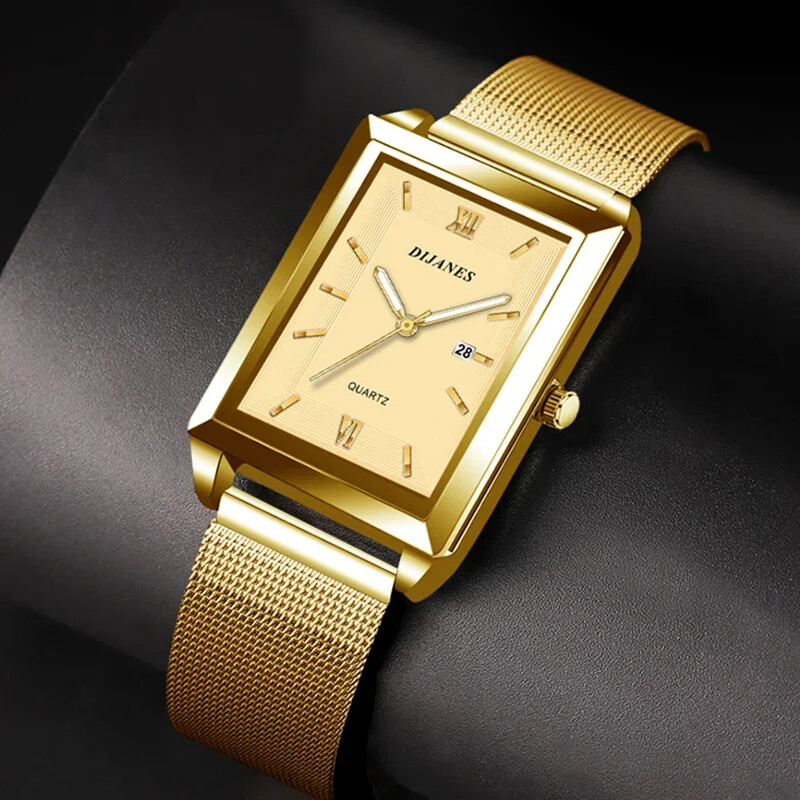 Muški sat Kalendar Datum Sport i slobodno vrijeme Kožni sat 2024. Luksuzni poslovni Zlatni mrežasti remen od nehrđajućeg čelika Kvarc Reloj Hombre