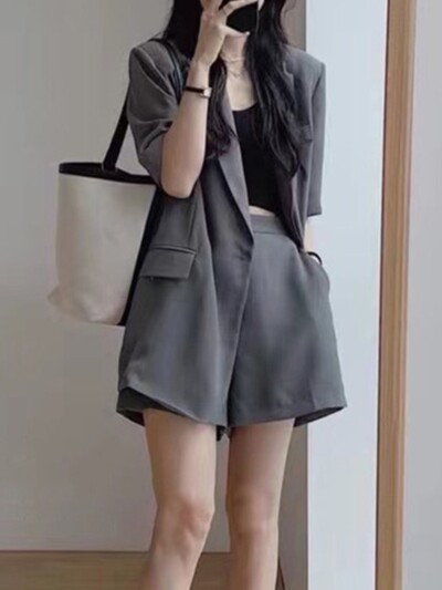 Femei Vintage Blazer Pantaloni scurți Costum de vară Casual Blaser Jachete largi Pantaloni scurti solidi Ținute Femeii Moda coreeană 2 piese