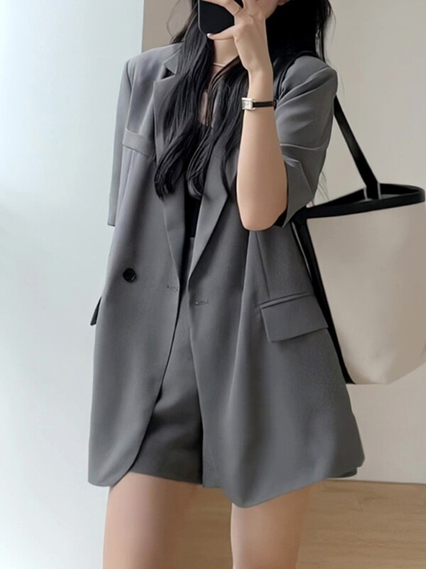 Дамски ретро блейзър шорти костюм летни ежедневни свободни блейзър якета едноцветни къси панталони тоалети дамска корейска мода 2 части