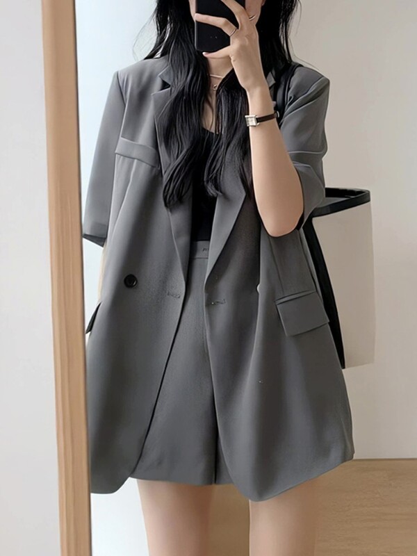 Дамски ретро блейзър шорти костюм летни ежедневни свободни блейзър якета едноцветни къси панталони тоалети дамска корейска мода 2 части
