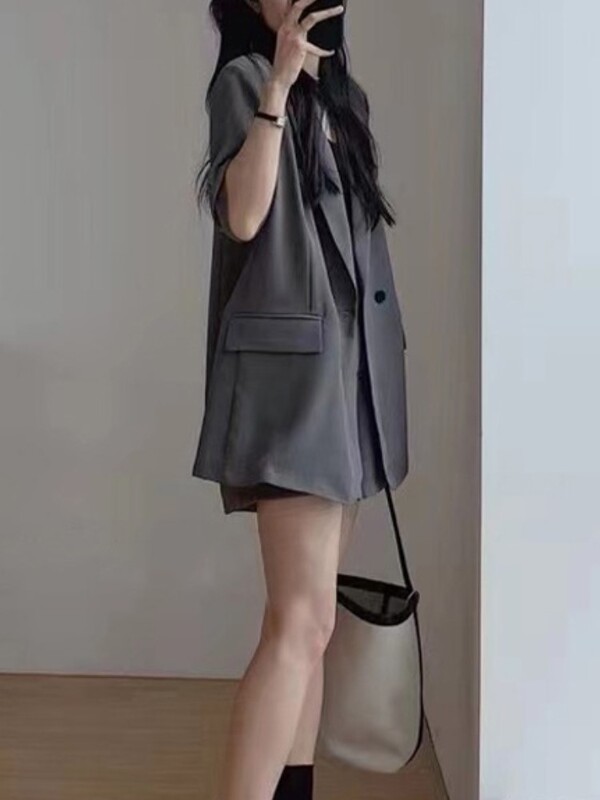 Дамски ретро блейзър шорти костюм летни ежедневни свободни блейзър якета едноцветни къси панталони тоалети дамска корейска мода 2 части