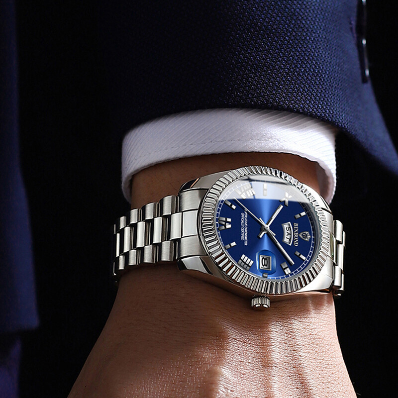 2024. Novi luksuzni muški sat, vodootporan, svjetleći datum, tjedan, nehrđajući čelik, muški sat, ležerni kvarcni muški sat, muški sat + kutija