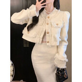 Elegantne narmastega tviidstiilis ülikonnakleit 2-osaline komplekt naistele Kevad-sügis kärbitud salendav küljelt lõhiku kleit Mitmekülgne pikk