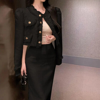 Elegantne narmastega tviidstiilis ülikonnakleit 2-osaline komplekt naistele Kevad-sügis kärbitud salendav küljelt lõhiku kleit Mitmekülgne pikk