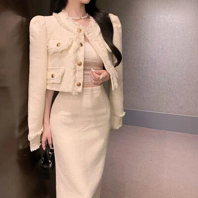 Elegantne narmastega tviidstiilis ülikonnakleit 2-osaline komplekt naistele Kevad-sügis kärbitud salendav küljelt lõhiku kleit Mitmekülgne pikk